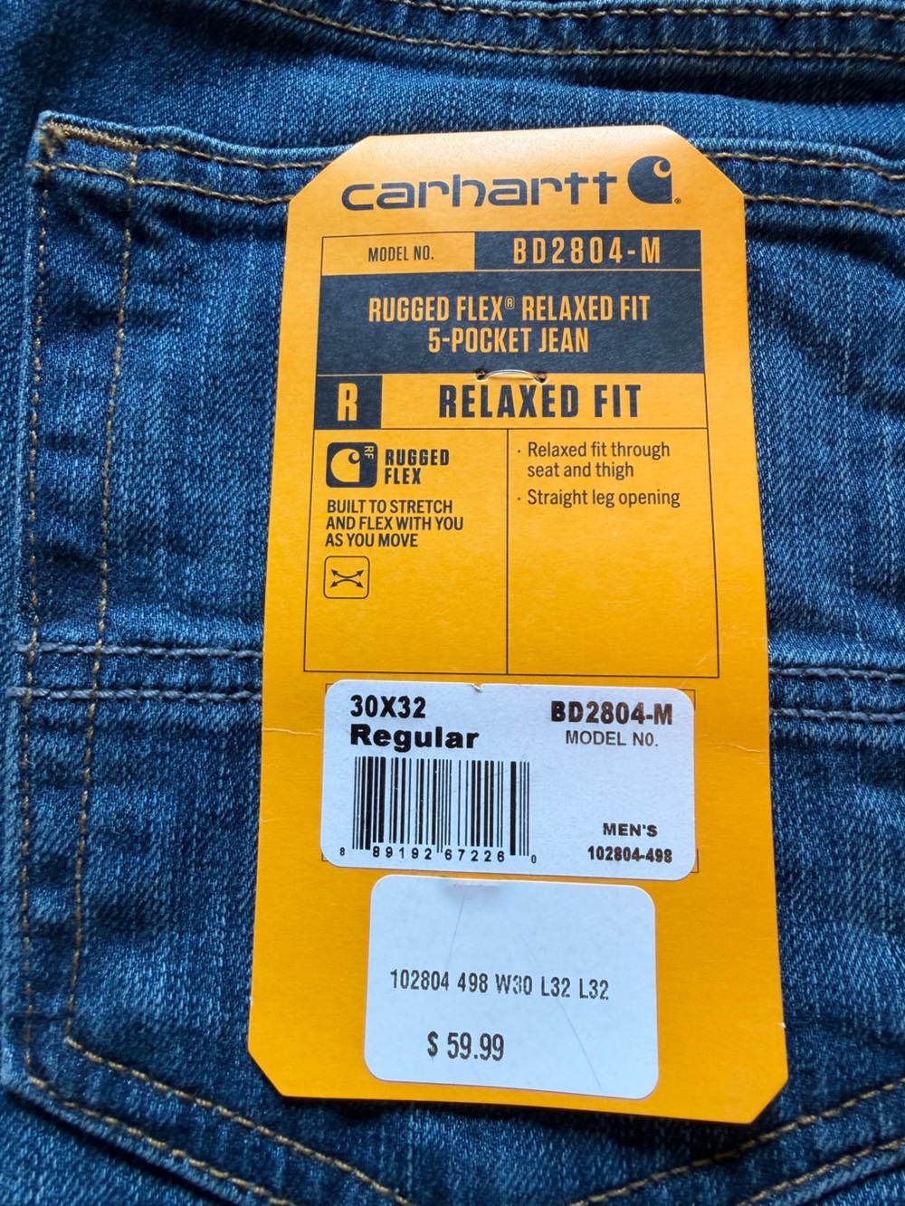 Men's Carhartt Rugged Flex Relaxed Fit Dark Blue Denim Jeans Sz 30x32 - Picture 8 of 11